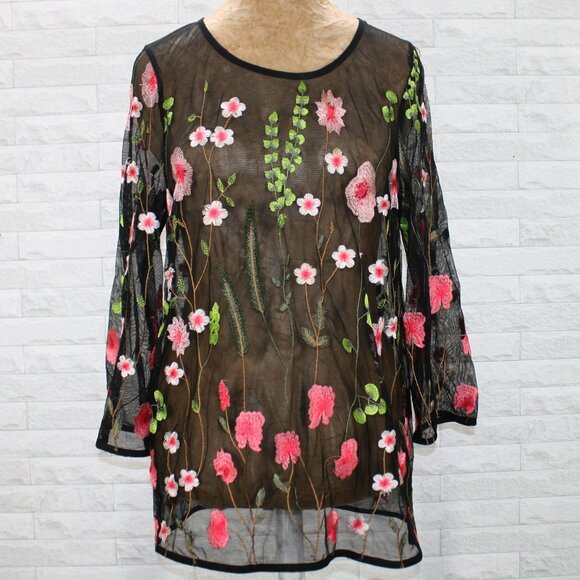 RAFAELLA Top Sheer Floral Embroidered Bohemian Transparent Black Pink Medium - Picture 1 of 12